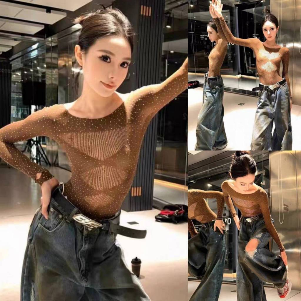 Sosexy【พร้อมส่ง】บอดี้สูทแขนยาวแต่งกลิตเตอร์ซีทรู เข้ารูปกระชับใส่สบาย แซ่บหรูวิบวับทุกองศา มี2สี(T330YD)