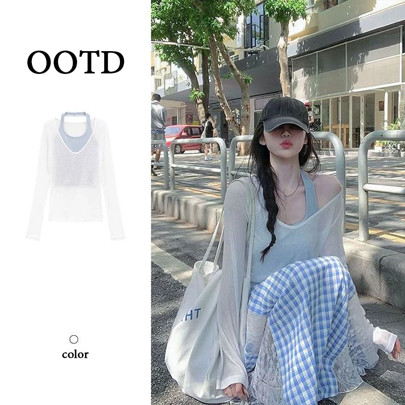 ชุดกันแดดสีพื้น สไตล์ลำลอง เสื้อยืดแขนยาวคอวี เสื้อคลุมตัวสั้นระบายอากาศได้ดี เหมาะสำหรับฤดูร้อน ช่วยให้ดูผอมเพรียว สไตล