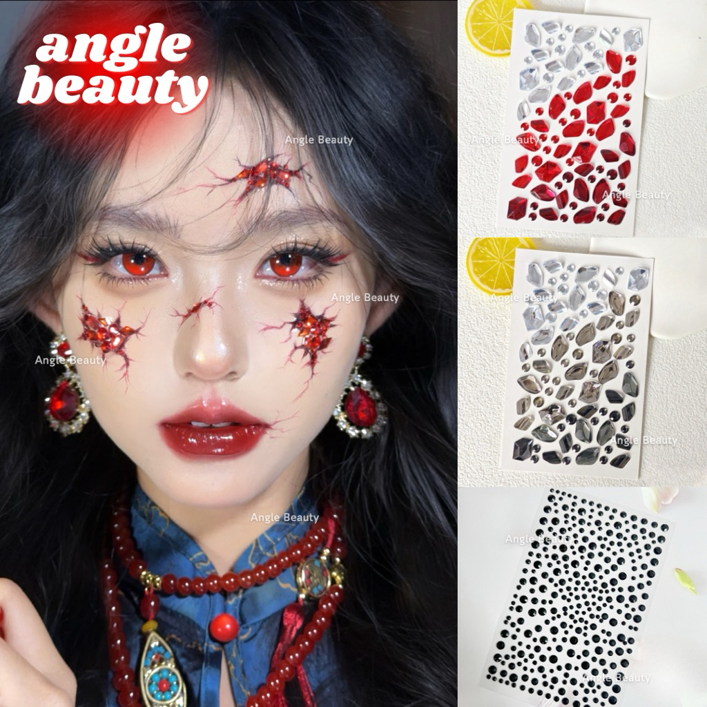 ส่งด่วน1-2วันถึง Face Stickers Halloween สติ๊กเกอร์ติดหน้า ฮาโลวีน สีดำ สีแดง เพชร
