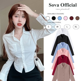 ผู้หญิง แขนยาว เสื้อเชิ้ต เข้ารูป แฟชั่น ฤดูร้อน สีทึบ เสื้อ