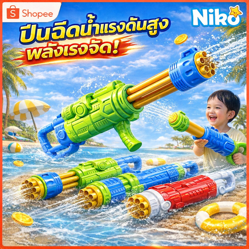NIKO ปืนฉีดน้ำเด็ก ปืนฉีดน้ำสงกรานต์ แบบดึง ยิงไกล แรงดันดี ทนทาน เหมาะสำหรับเด็ก แบบดึงอัดน้ำ ใช้งานง่าย / น้ำพุ่งไกล