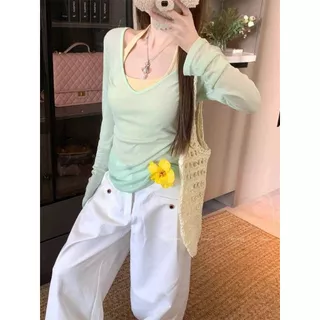 เสื้อยืดแขนยาวกันแดดสไตล์เกาหลีแบบสีตัดกันอ่อนๆ สำหรับผู้หญิง ชุดสองชิ้นสำหรับฤดูร้อน