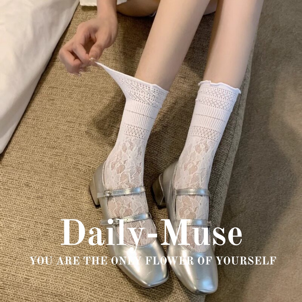 Daily-Muse ถุงเท้าลูกไม้ทรงหลวมสำหรับผู้หญิง ระบายอากาศได้ดี ถุงเท้าขาลูกไม้ทรงแมรี่เจนแบบบาง เหมาะสำหรับฤดูร้อน