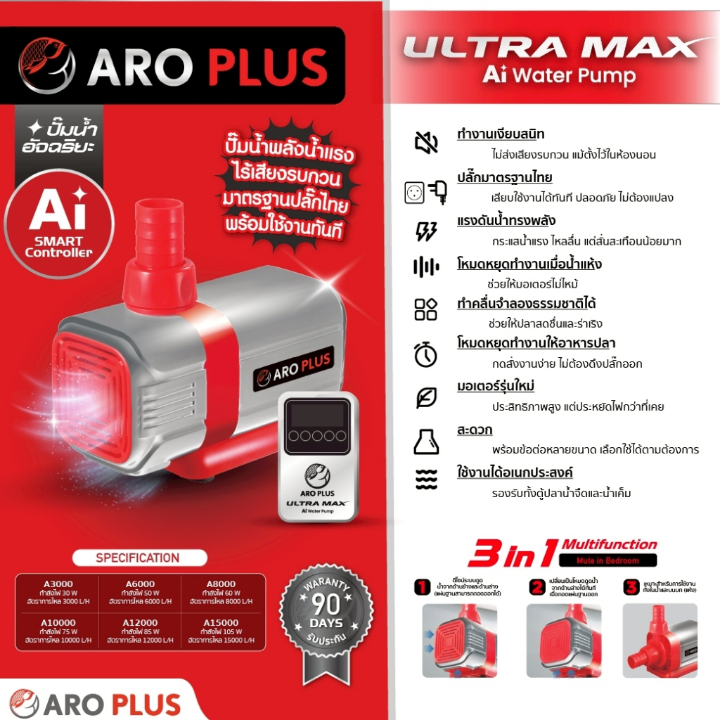 ปั๊มน้ำตู้ปลาอัจฉริยะเสียงเงียบ ULTRA MAX Ai Water Pump มีระบบตัดการทำงานเมื่อน้ำแห้ง ปรับแรงดัน ปลอดภัยระดับพรีเมียม