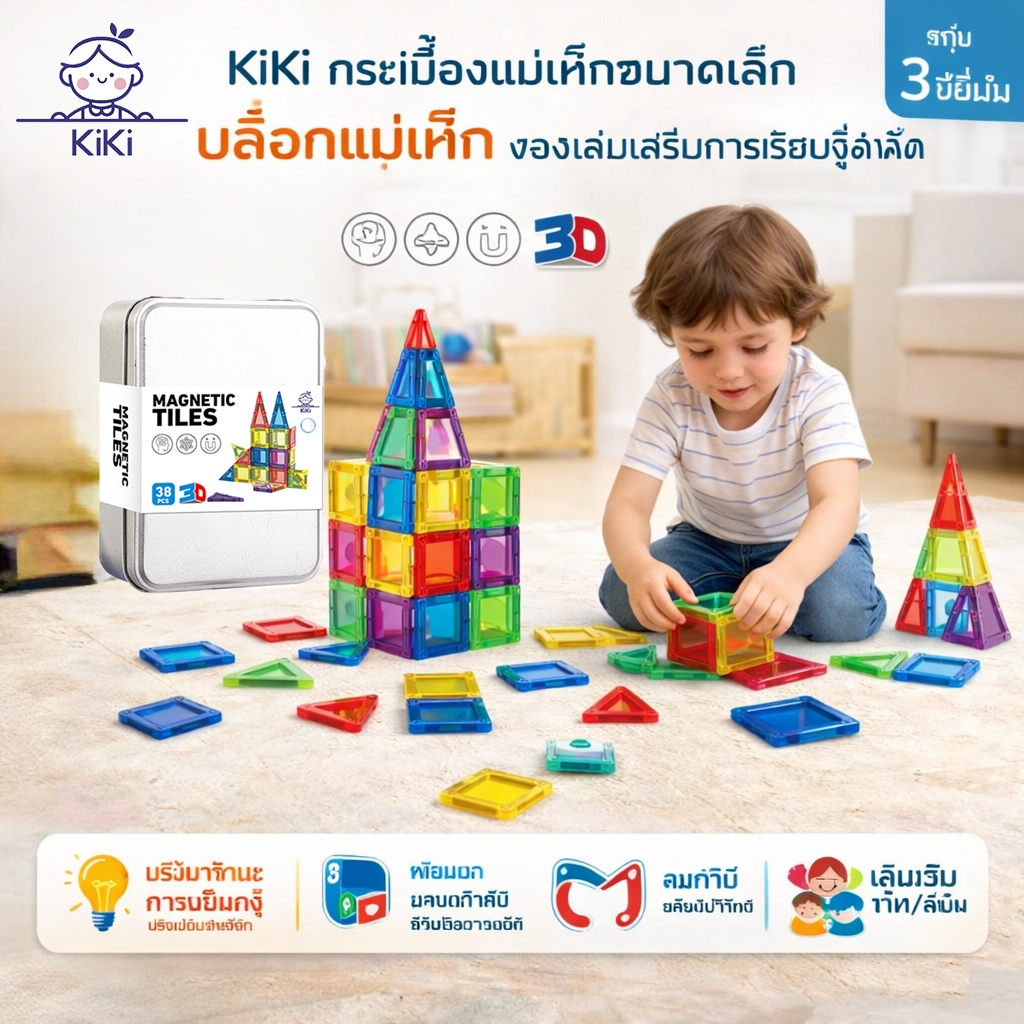 KiKi แผ่นแม่เหล็กกระจกสี บล็อกแม่เหล็กขนาดเล็ก ของเล่นเสริมพัฒนาการเด็ก เรียนรู้ STEM ฝึกสมอง ของขวัญเด็ก