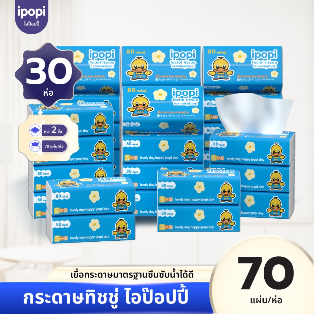ipopi กระดาษทิชชู่แบบดึง ห่อสีฟ้า 30 ห่อ ( 80 แผ่น/ห่อ ) ยกแพ็ค หนา 2 ชั้น ซึมซับดี ขนาดพกพา