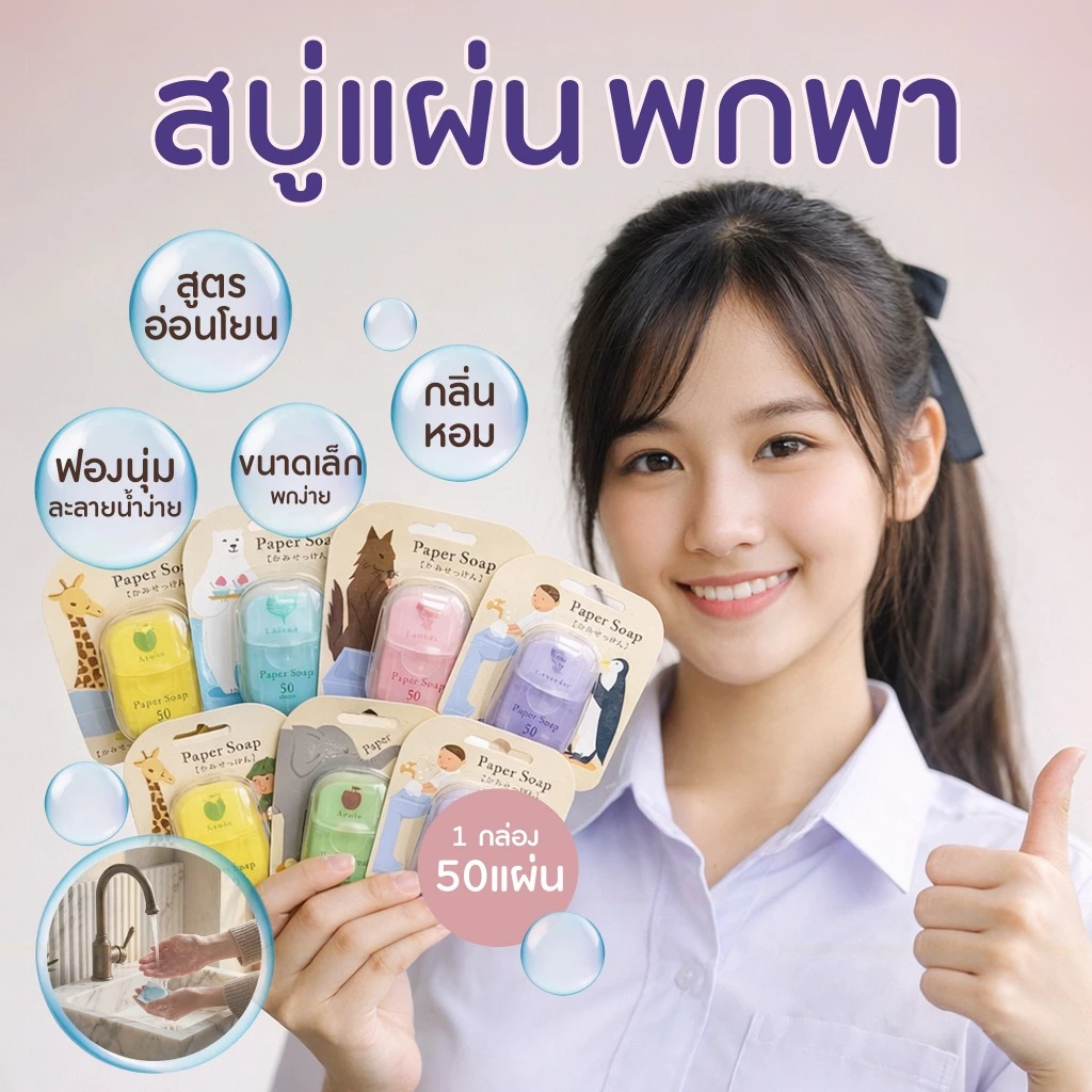 สบู่กระดาษ 1 กล่องมี 50 แผ่น มี 6 กลิ่น พกพาเอาไปใช้ง่าย