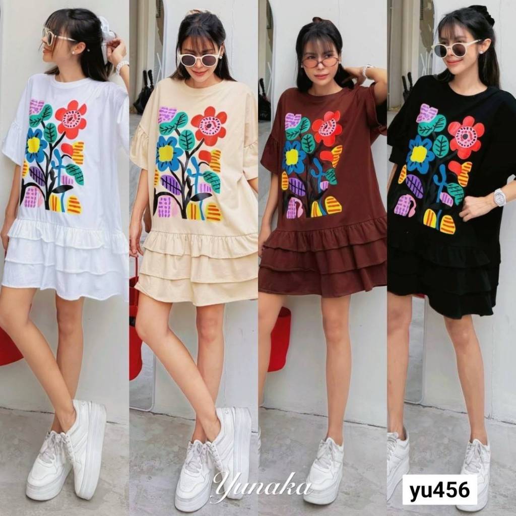 เดรสสั้นแต่งดีเทลชายระบาย 3 ชั้น ช่วงแขนเย็บรูดเพิ่มความพอง สกรีนลายการ์ตูนน่ารักๆ