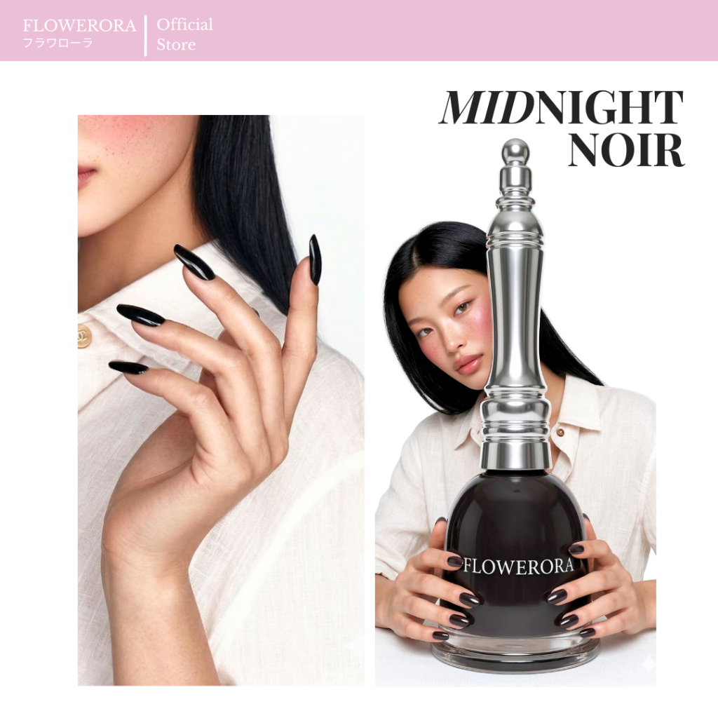 [2026 เฉดสีใหม่] FLOWERORA สีทาเล็บสีดำ ไม่ต้องอบ เทรนด์ฮิตสำหรับสาวสายแฟชั่น และเทรนด์เจลบอย Midnight Noir A32