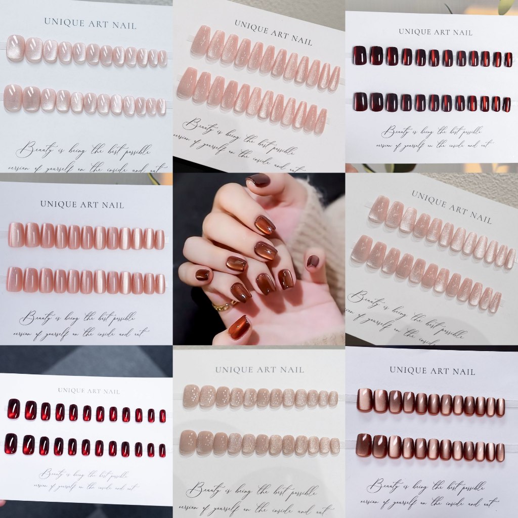 เล็บเจลสีลูกแก้วแคทอาย FN104 กล่องฟรีไซส์ 30 ชิ้นสุดคุ้ม โทนสีชมพูโรสโกลด์เรียบหรูดูแพง