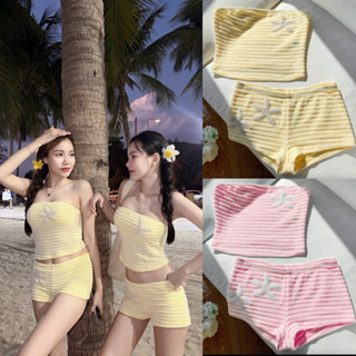 ชุดเซทเกาะอก กางเกงขาสั้นลายทาง ปักลายปลาดาว สุดคิ้ว