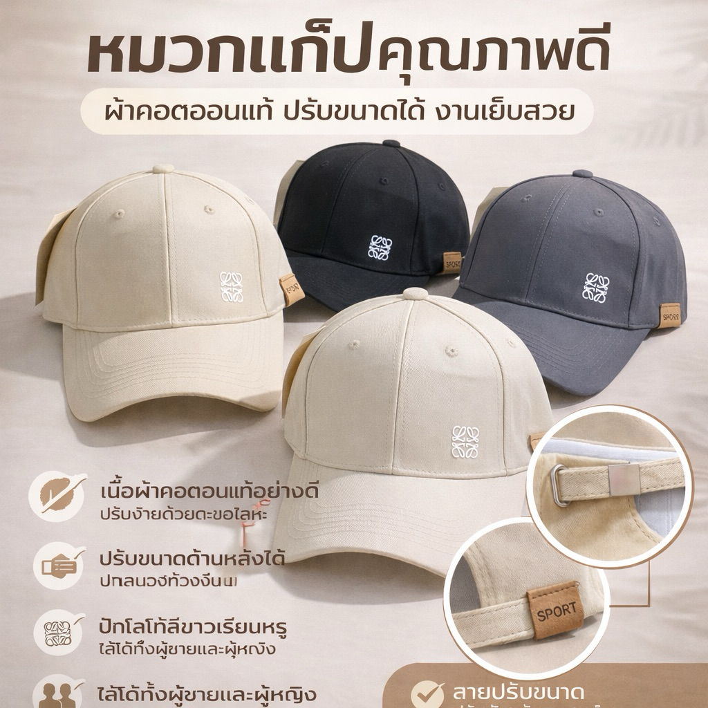 หมวกเบสบอส งานสกรีน เนื้อผ้าคอตตอน ปรับสายได้