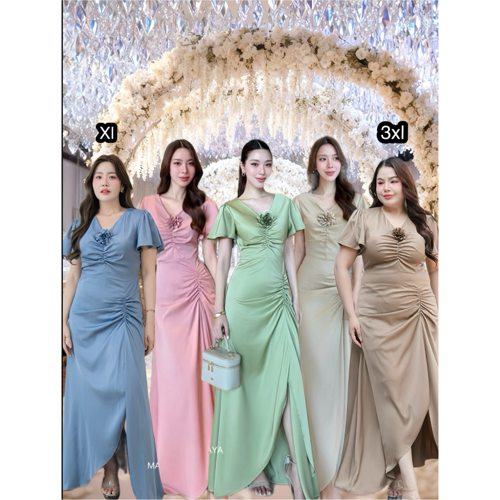 ชุดออกงานสวยๆ G138 ชุดเพื่อนเจ้าสาว ชุดเดรสออกงาน ไซส์ S-3XL สีชาเขียวมาใหม่