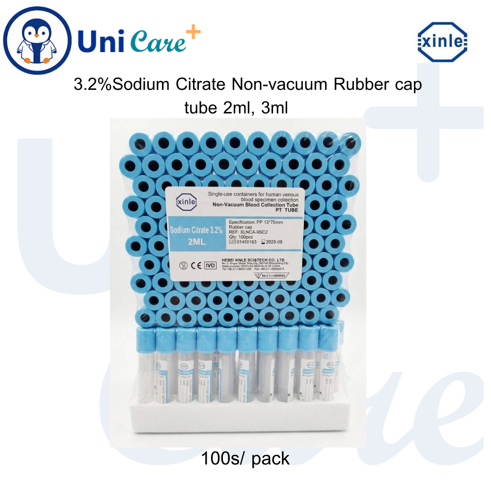 หลอดเก็บตัวอย่างเลือด 3.2% Sodium Citrate Non-vacuum Rubber cap tube 2ml, 3ml (100 หลอด / แพ็ค)