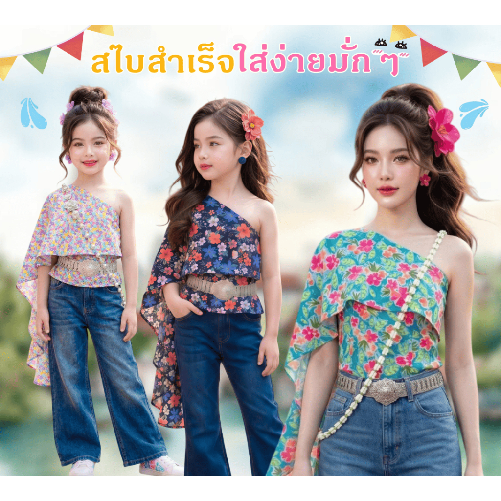 สไบ สำเร็จรูป แม่ลูก เสื้อสไบ สไบลายดอกไม้ สงกรานต์ Bangkok City สไบเด็ก ชุดไทยเด็ก สไบประยุกต์
