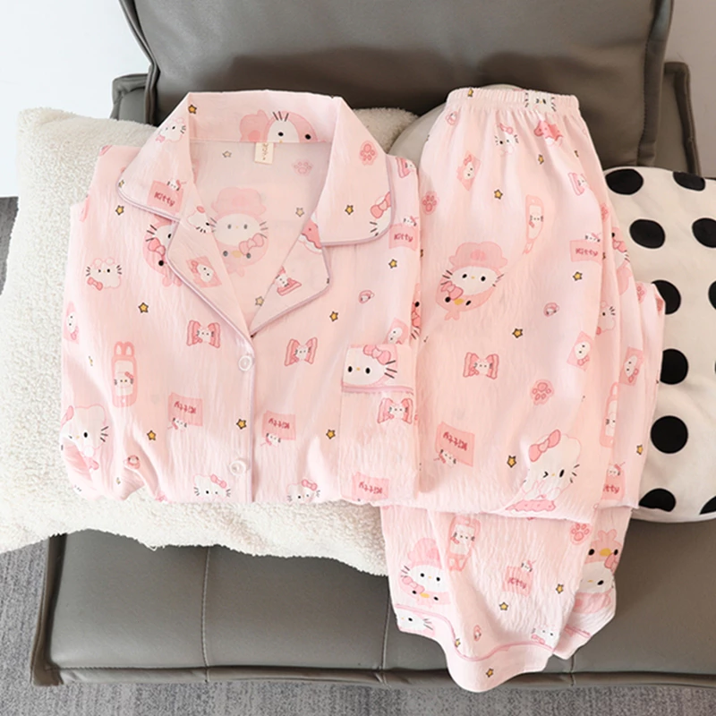 ชุดนอนแขนยาว+กางเกงขายาวHello Kitty สีชมพูคิตตี้ การ์ตูนน่ารัก ผู้หญิง ร้อนฤดูร้อน ผ้าคลุมสบาย CloudFeeling มีไซส์ M-2XL
