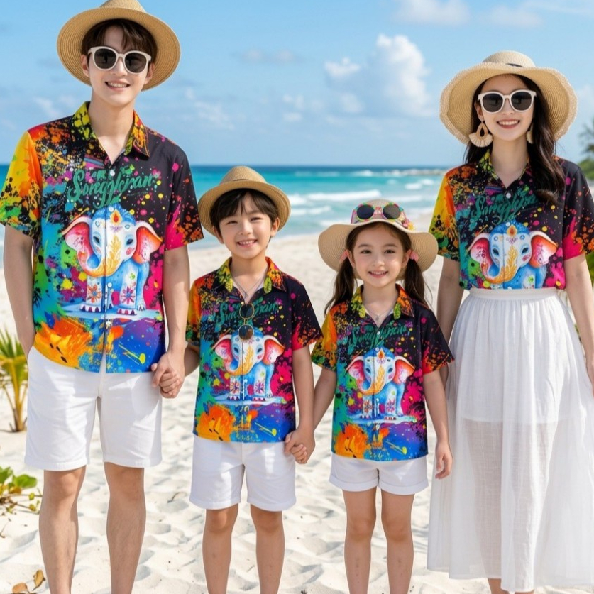 HD016 เสื้อฮาวายลายใหม่ เวอร์ชั่นใหม่ สาดสีSongkran ทรงวัยรุ่น หญิงชายใส่ได้ ผ้าโพลีพรีเมี่ยม ไซส์เด็ก-ผู้ใหญ่