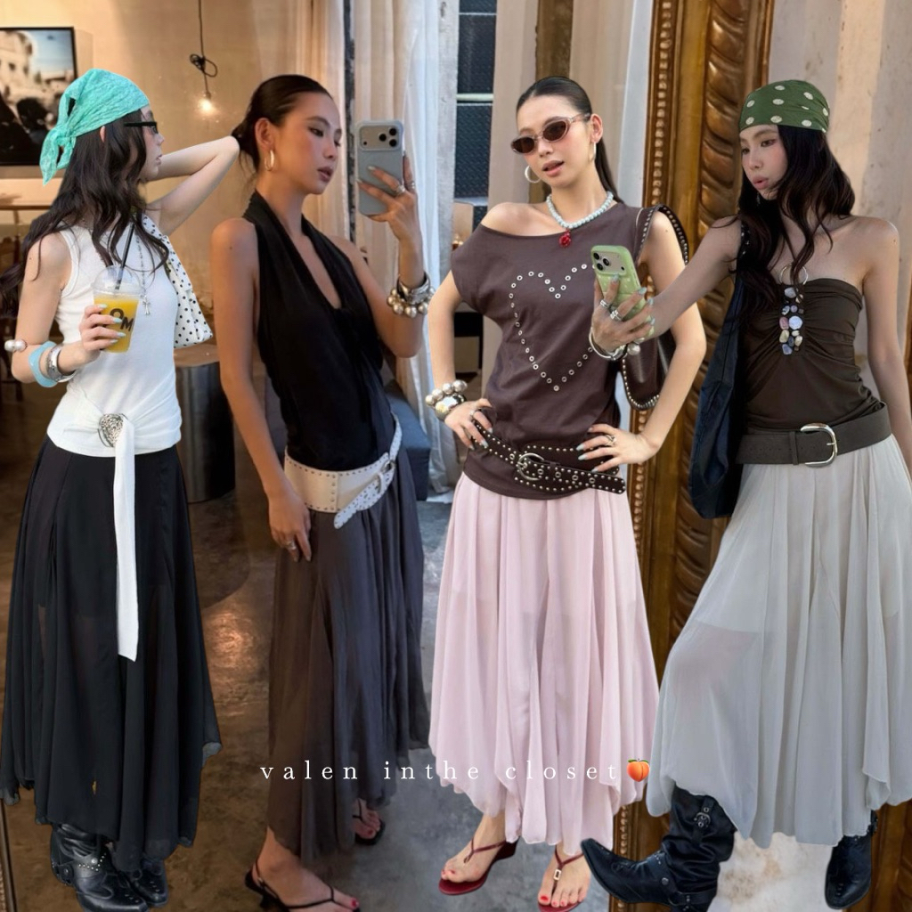 ส่งด่วน 🛵 #26Q083 (SM) กระโปรงผ้าซีฟอง ผ้าพริ้วดีไซส์เก๋ มีซับใน ซิปข้าง เพิ่มความละมุน mmfish