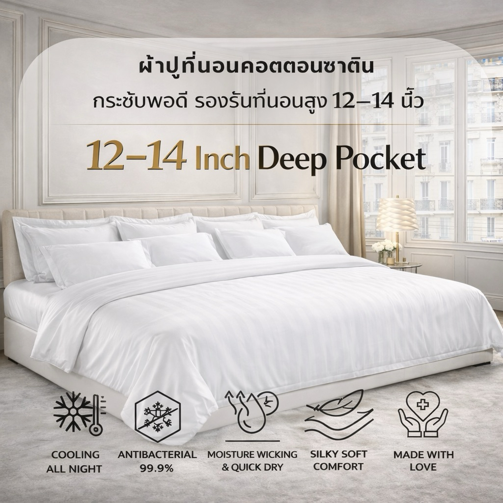 1️⃣ผ้าปูที่นอน กันไรฝุ่น (12-14 สูงนิ้ว) ไซส์พิเศษ 3ฟุต-12ฟุต ผ้าพรีเมียม ทอ550 เส้นด้าย คัตต้อนซาติน เย็น ไม่ติดขนสัตว์