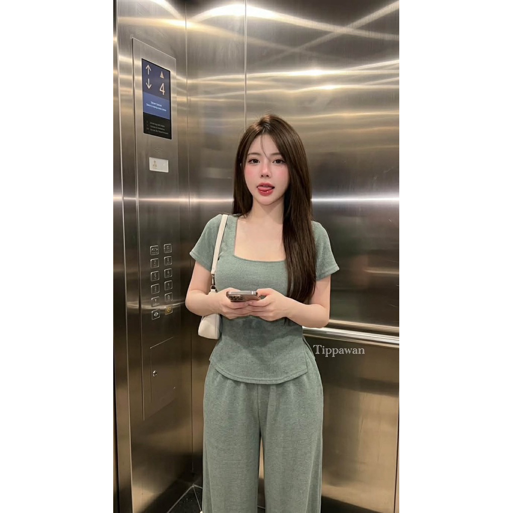 Phapassz - Setคอเหลี่ยมแขนสั้น มาพร้อมกางเกงขายาว เป็นBasicชิวเนื้อผ้านุ่มงานดี #Tippawan
