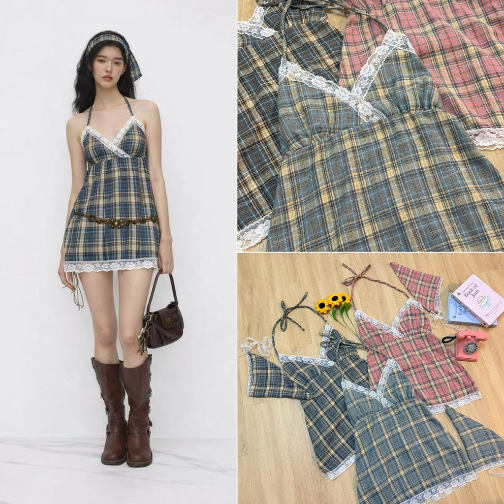 🍭New Scott Dress🍭 เซทมินิเดรสลายสกอตผูกคอ+ผ้าโพกผมแต่งขอบลูกไม้มีสมอคหลังโทนสีหวานๆทรงน่ารักมากๆ