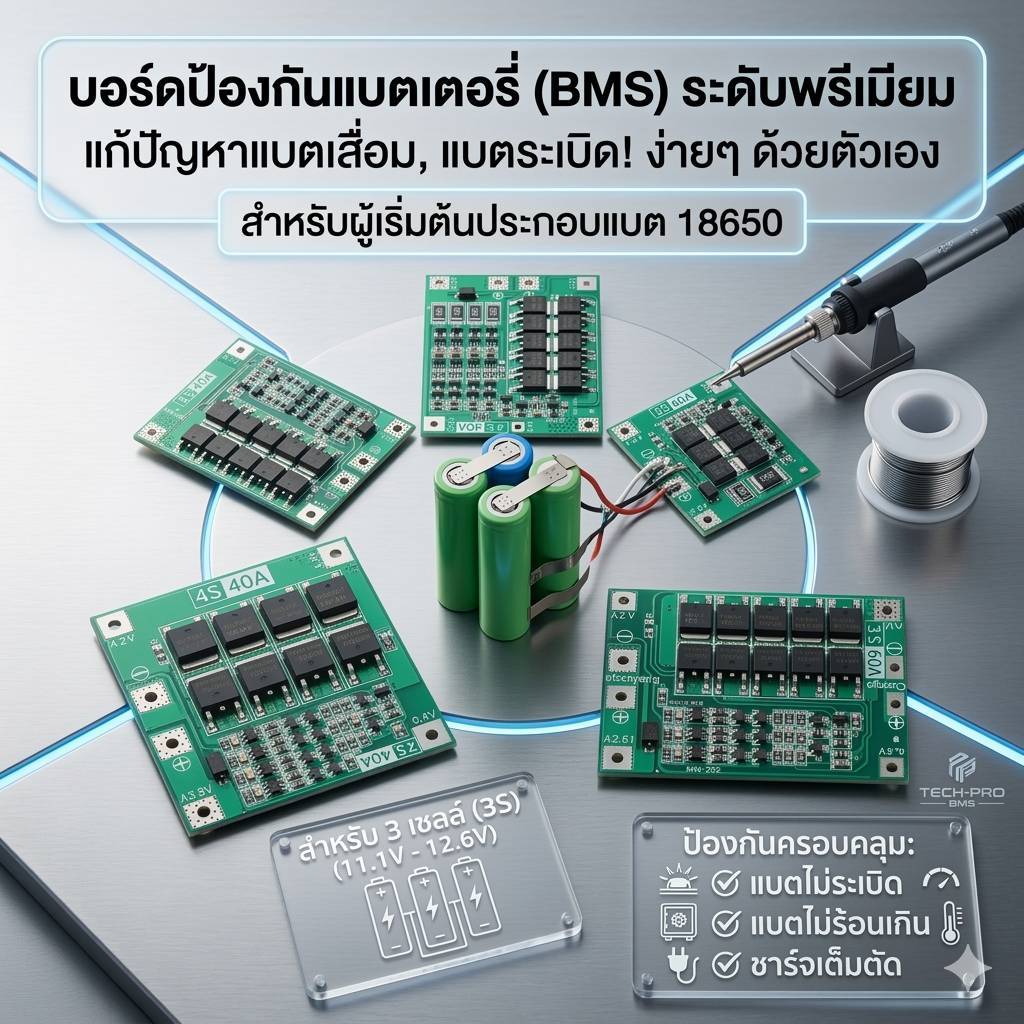 บอร์ด BMS บาลานซ์สมดุล 3S 4S 40A สำหรับแบตเตอรี่ลิเธียมไอออน (Li-ion 18650 lithium) ป้องกันชาร์จเกิน จ่ายเกิน