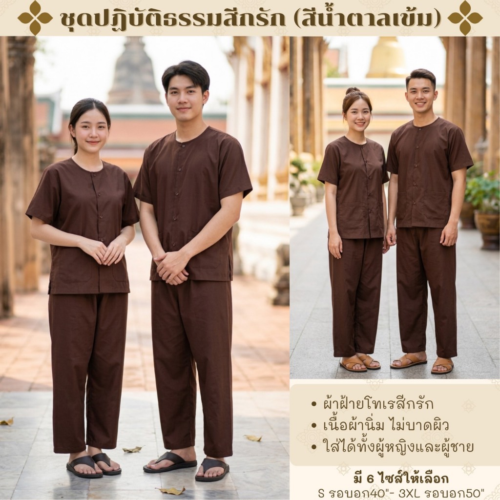 ชุดปฏิบัติธรรมผ้าฝ้ายโทเรสีน้ำตาลเข้ม (สีกรัก) ได้ทั้งชุด (เสื้อ+กางเกง) ผ้าฝ้ายโทเรยิ่งซักยิ่งนิ่มใส่ได้ทั้งชายและหญิง