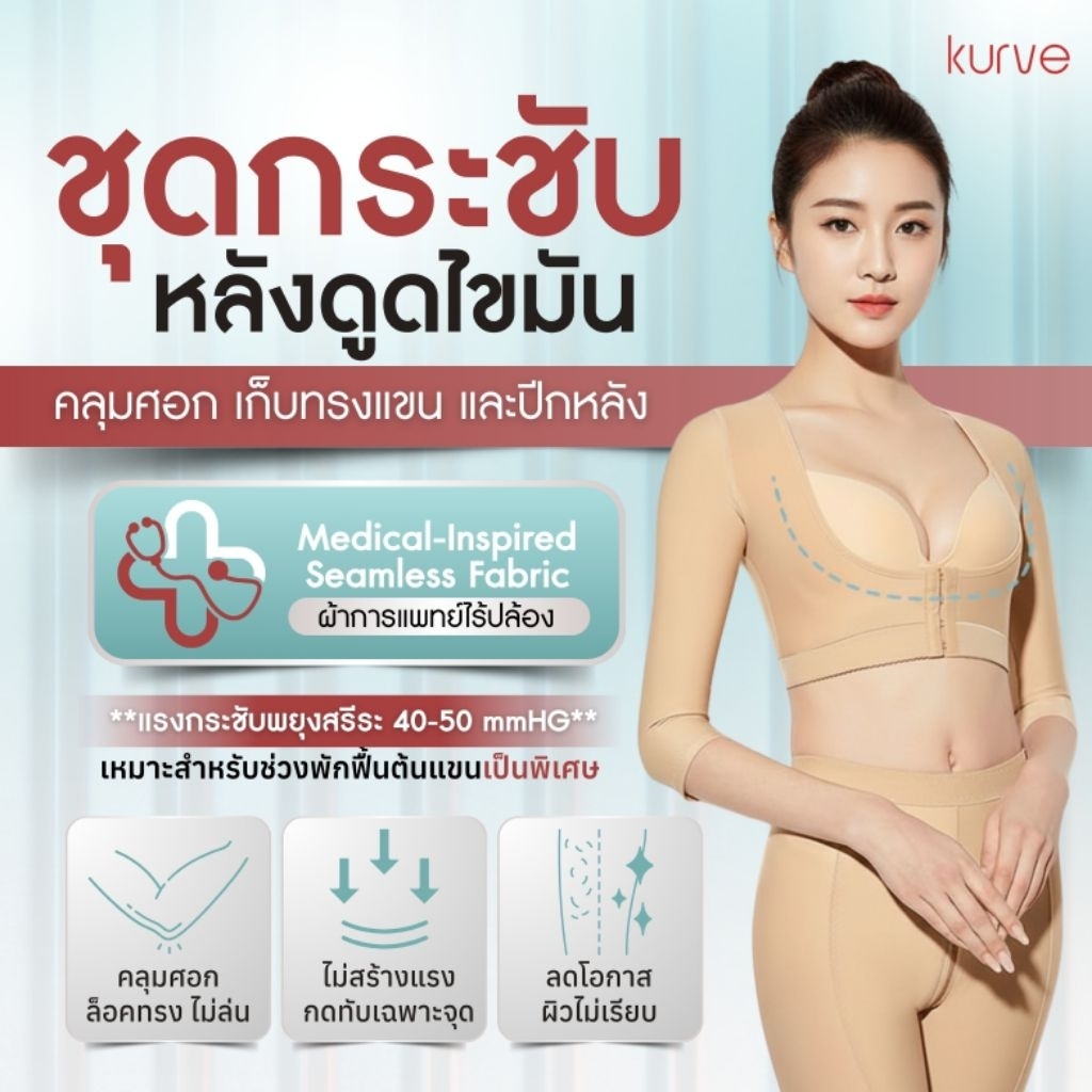 ชุดกระชับต้นแขน คลิกนิกแนะนำหลังดูดไขมัน แรงกดพยุง เก็บทรงกระชับ คลุมศอก ไร้ปล้อง เกรดการแพทย์