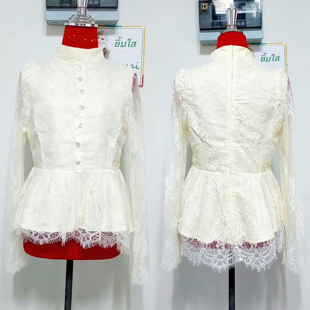 *งานห้องเสื้อ* เสื้อลูกไม้ไทยประยุกต์ ชายระบาย สีเหลืองอ่อน