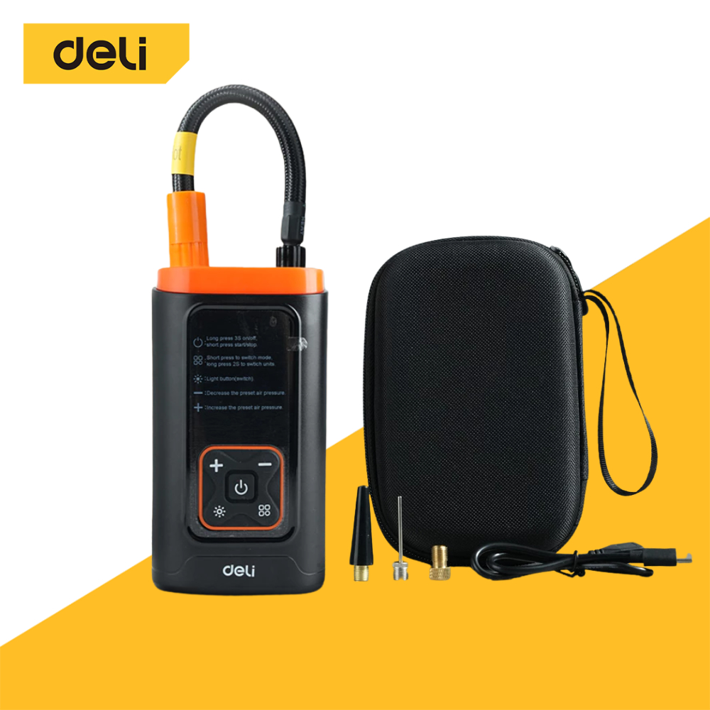 Deli เครื่องปั๊มลมพกพา เครื่องสูบลม ไร้สาย ชาร์จไฟ USB ข้อต่อโลหะแบบกด อุปกรณ์เติมลมครบชุด hand air pump
