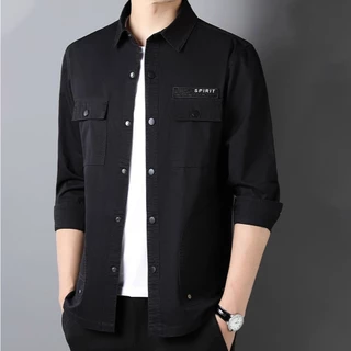 เสื้อเชิ้ตผู้ชายแขนยาว ผ้าคอตตอน ทรงพอดี กระเป๋าคู่ สไตล์ลำลอง ใส่ทำงานหรือเที่ยวได้ หลายสี[COD]