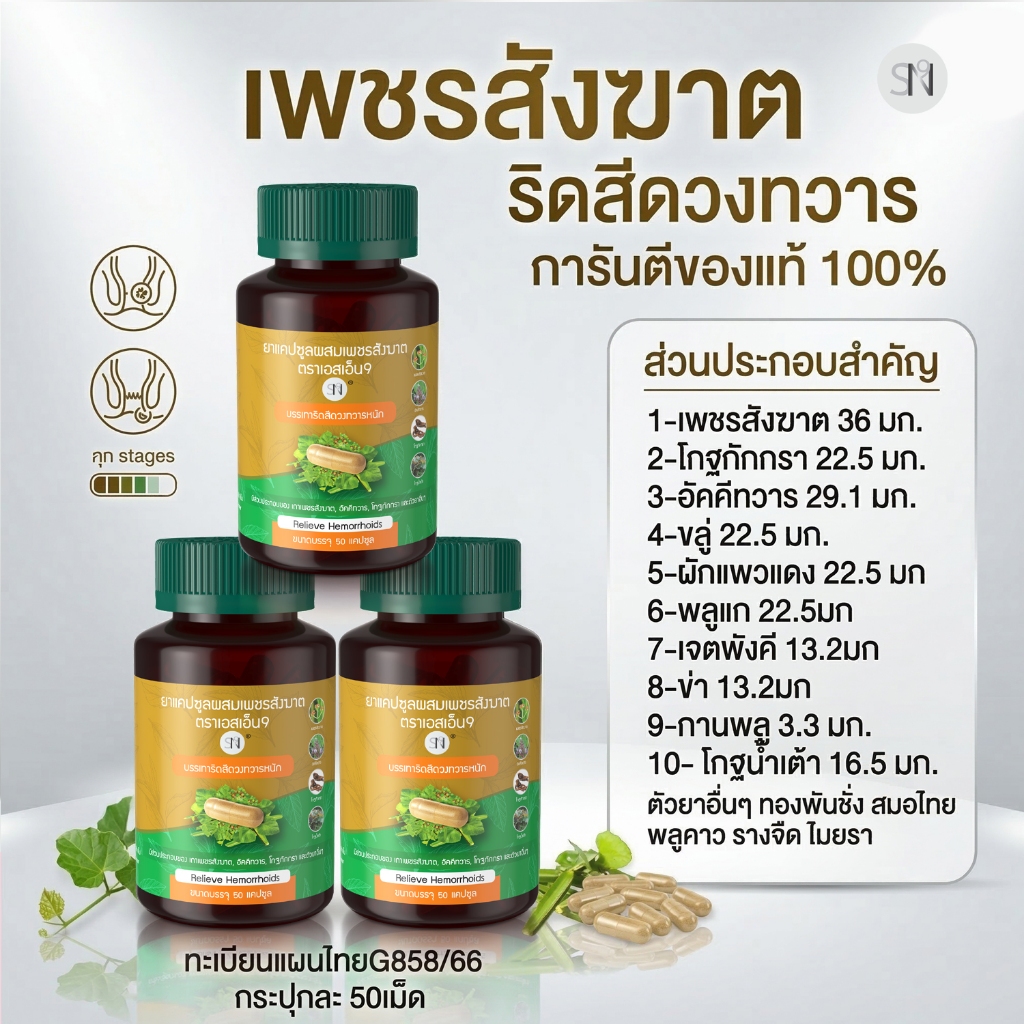 (โปร3กระปุก)  ยาแคปซูลเพชรสังฆาต ริดสีดวง SN9 เพชรสังฆาต ริดสีดวงทวาร