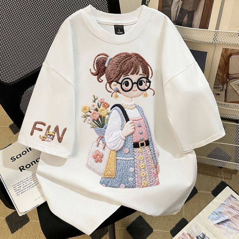 เสื้อยืดโอเวอร์ไซส์ผู้หญิงและผู้ชาย ผ้าวัสดุอ่อนนุ่ม สีขาว ลายสาวแว่นสไตล์คิวท์ สบายใส่ ยอดนิยม ﻿3.16