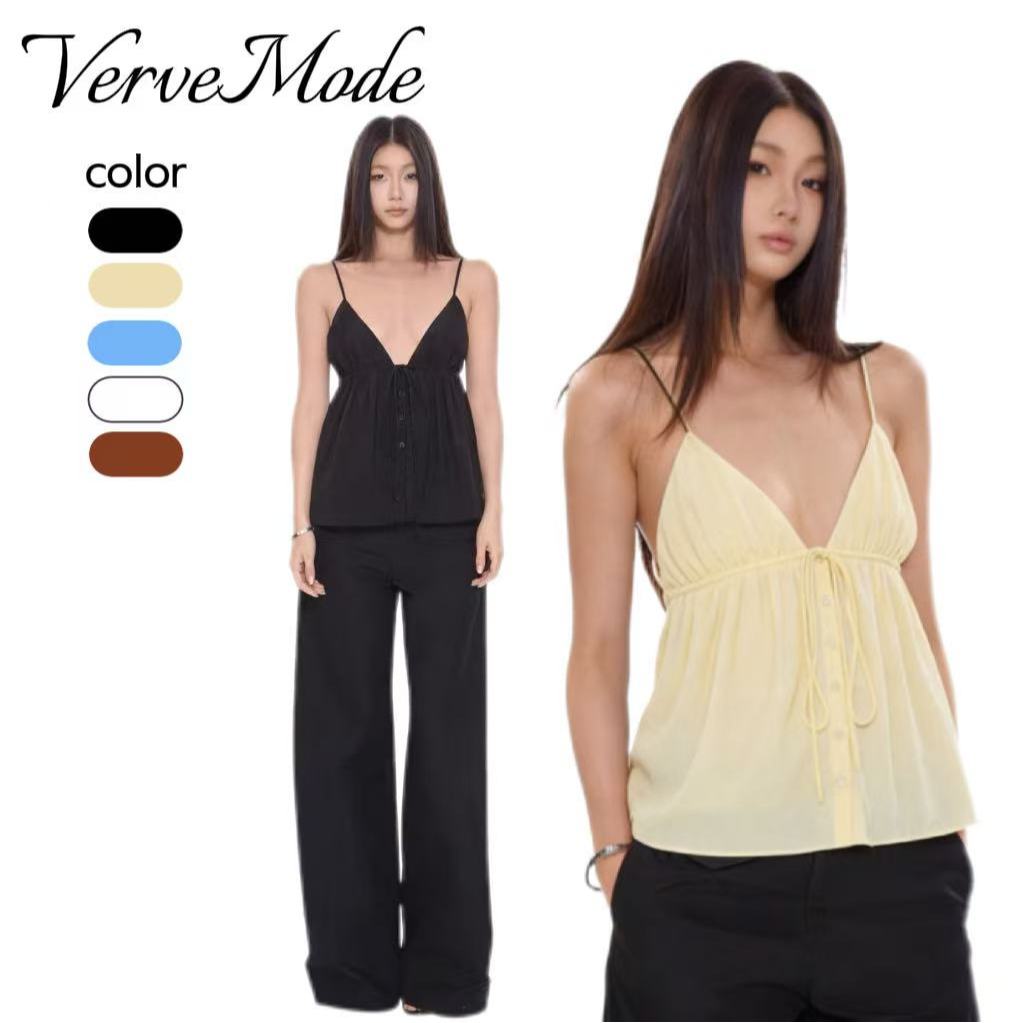 VerveMode.🍓 พร้อมแผ่นรองหน้าอก🍓เสื้อผ้าสตรีสไตล์ยุโรปและอเมริกา คอลเล็กชั่นใหม่ฤดูร้อนปี 2026 เสื้อสายเดี่ยวผูกโบว์ทรงเข