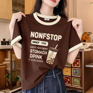 (อัปเกรดอย่างสมบูรณ์) เสื้อแขนสั้นคอกลมสไตล์เกาหลีสำหรับผู้หญิง พิมพ์ลายสกรีน ไม่ลอกง่าย มี 4 สีให้เลือก (ไซส์ M-XXXL)