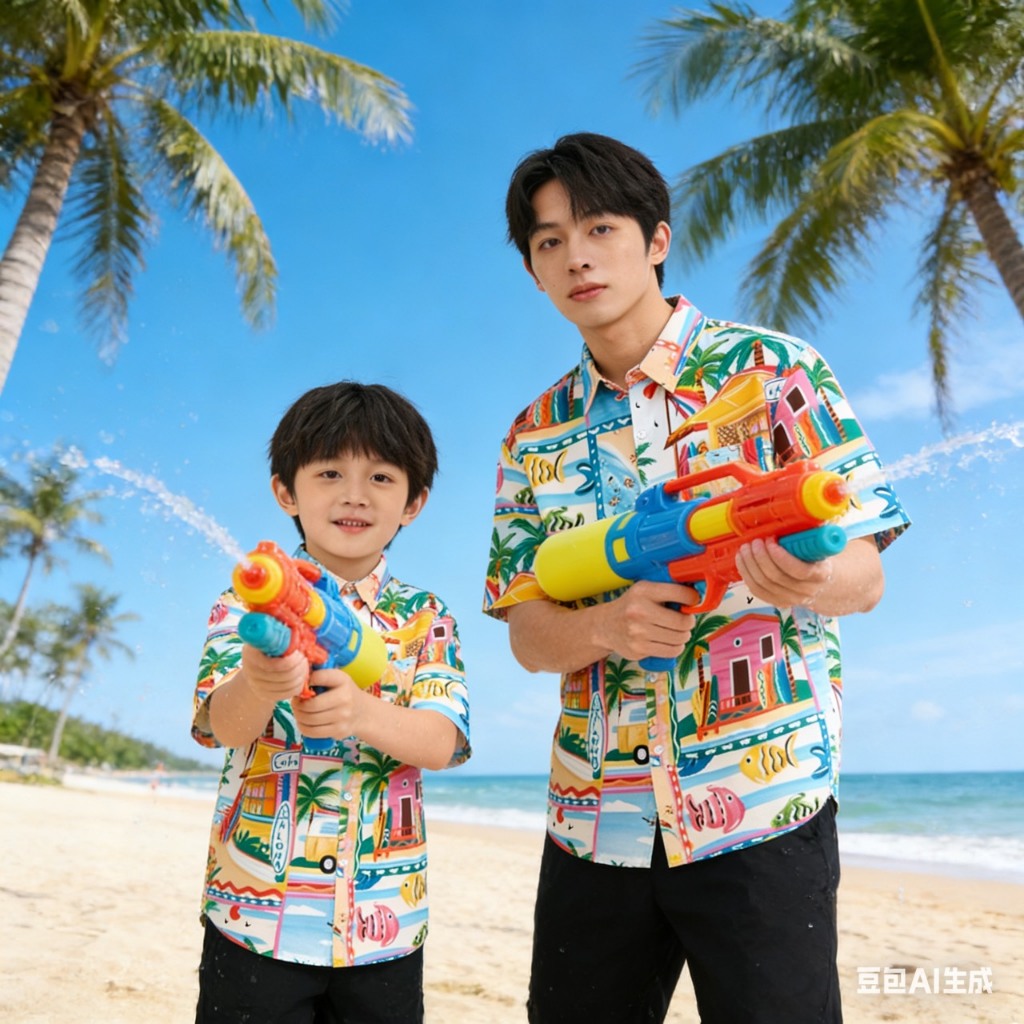 เสื้อคู่พ่อ-ลูก เสื้อเชิ้ตลายทะเล  เสื้อฮาวายครอบครัว ใส่เที่ยวซัมเมอร์