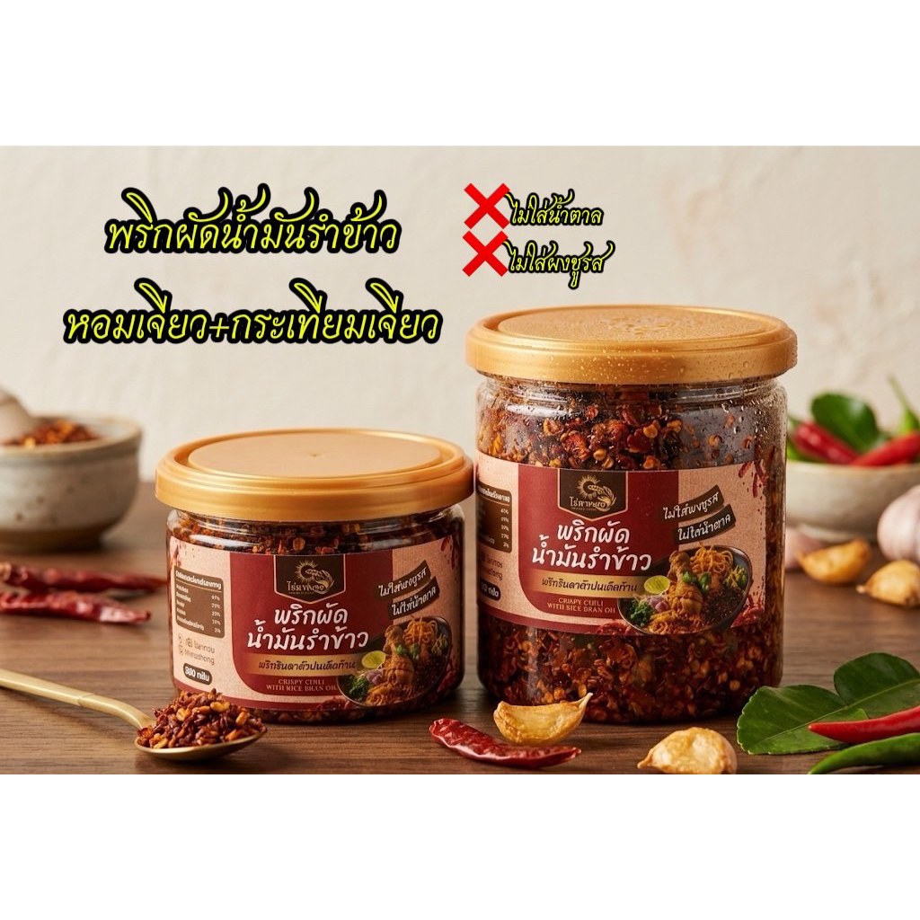 พริกผัดน้ำมันรำข้าว หอมเจียวและกระเทียมเจียวไม่ผสมแป้ง พริกล้วนเด็ดก้าน (เผ็ดมาก)