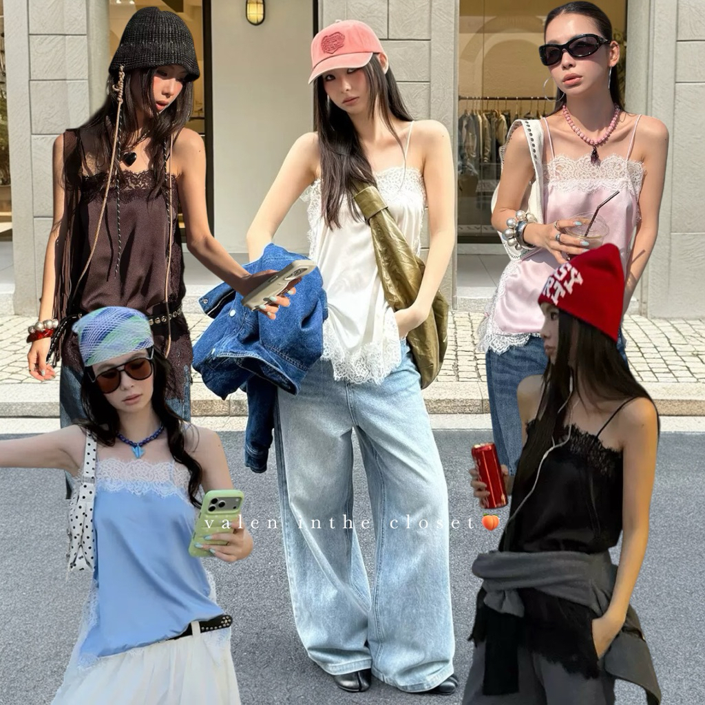 ส่งด่วน 🛵 25T615 𝗟𝗔𝗖𝗘 𝗪𝗛𝗜𝗦𝗣𝗘𝗥 𝗖𝗔𝗠𝗜 เสื้อสายเดี่ยวลูกไม้แต่งขอบรอบตัว ดีเทลลูกไม้ลายสวยละเอียด