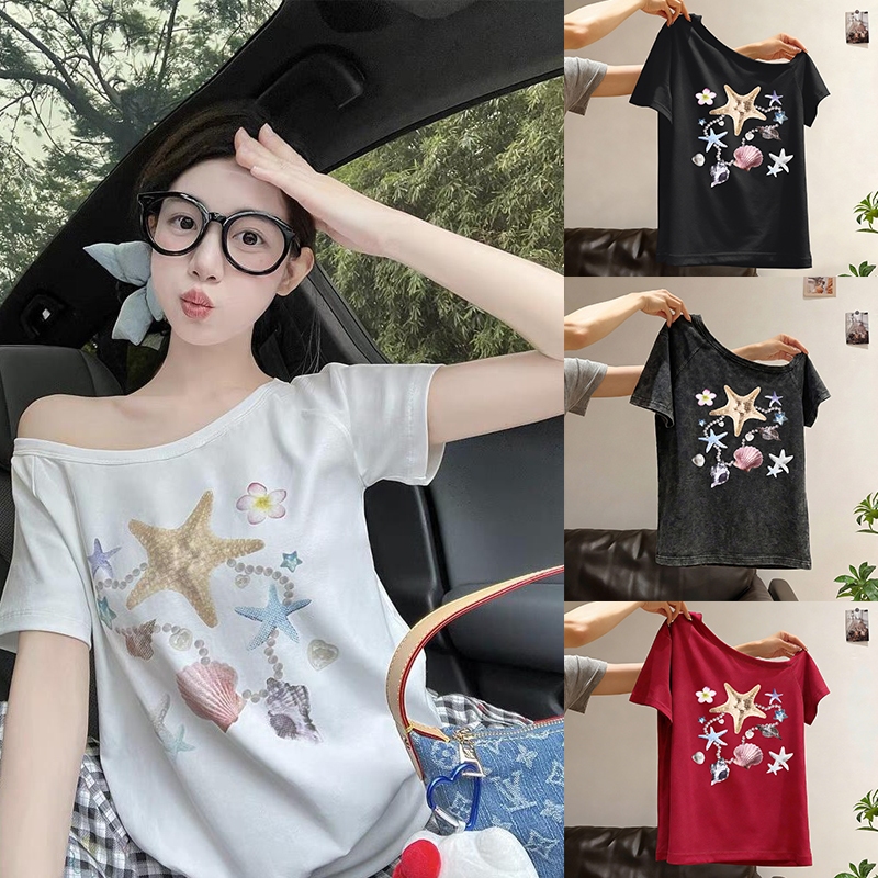 Top.street 🌸 เสื้อปาดไหล่  เสือใส่สบาย Oversize  สื้อโชว์ไหล่ เหมาะสำหรับฤดูร้อน มี 4ไซส์ ''Starfish shell''เสื้อสาวอวบ