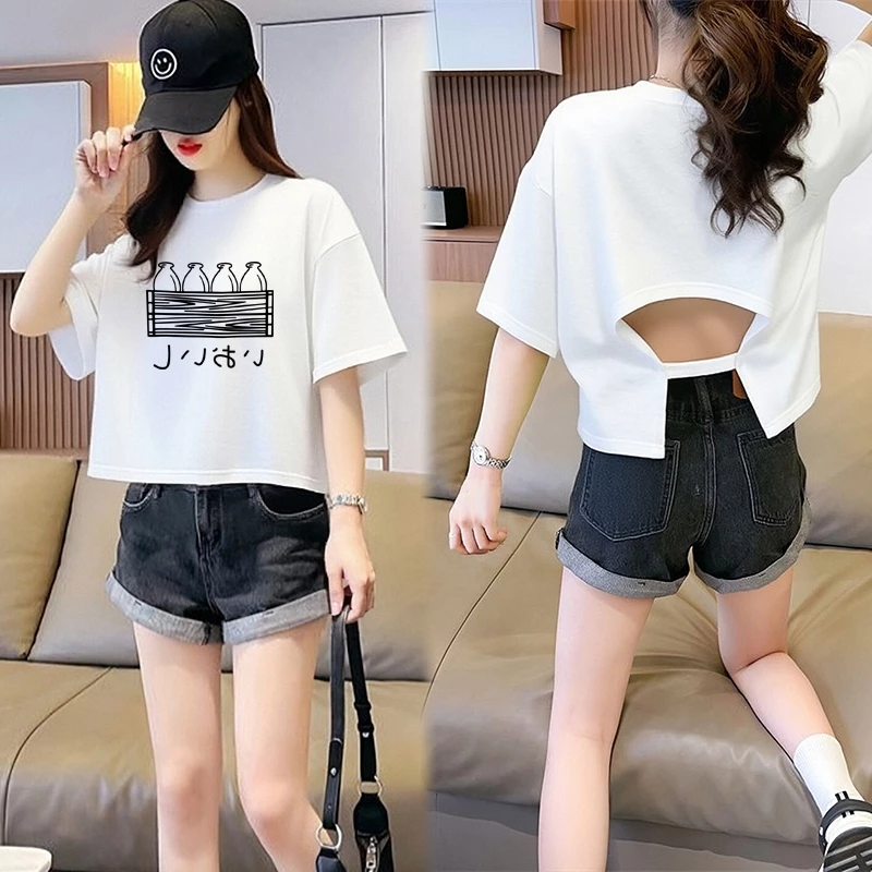 เสื้อครอปสาวอวบไซส์ใหญ่สวยๆ oversize เสื้อผ้าแฟชั่นวัยรุ่นน่ารัก เสื้อยืดเปลือยหลังผู้หญิงฤดูร้อนใหม่ ทรงหลวมสไตล์เกาหลี