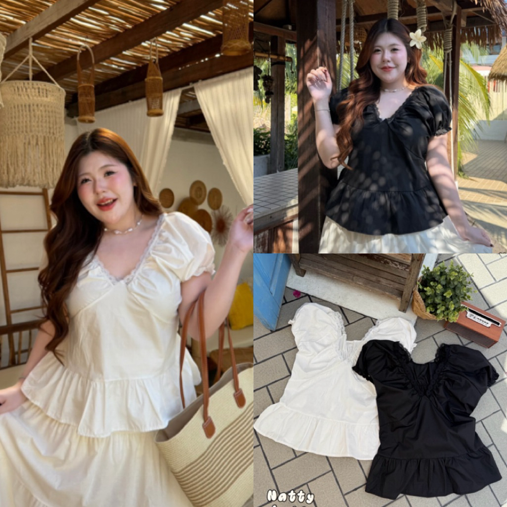 NC เสื้อคอวีแขนตุ๊กตา ทรงชายระบาย เรียบๆหวานๆ ไซส์ใหญ่ สาวอวบ plussize