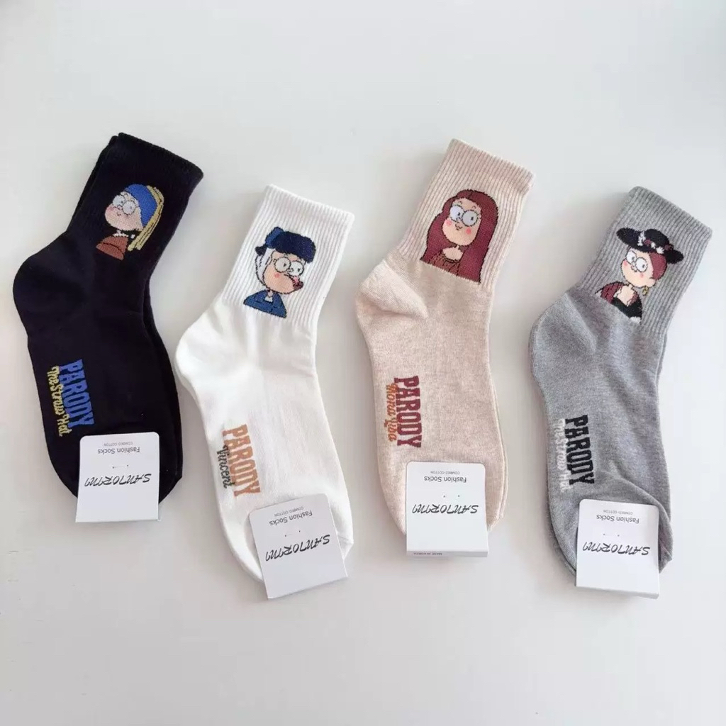 MIX'S SOCKS ถุงเท้าข้อกลาง ถุงเท้าเกาหลีผ้าคอตตอน ลายแวนโก๊ะ2 มี 4 สี Free size 35-41US