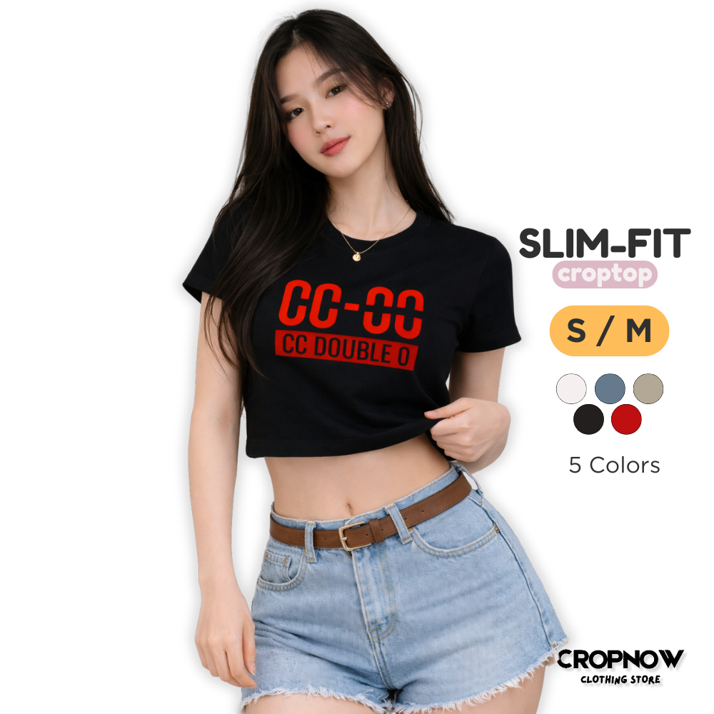 เสื้อครอป เอวลอย สลิมฟิต ลายCC ผ้าคอตต้อน100% คุณภาพดี