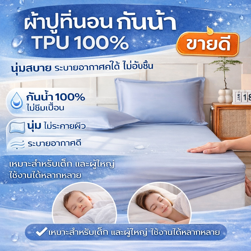 ผ้าปูที่นอนกันน้ำ TPU 100% กันฉี่ กันเปื้อน นุ่มสบาย ระบายอากาศได้ ติดตั้งง่าย