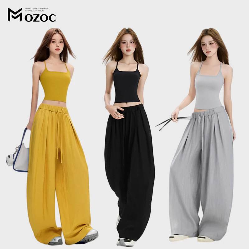MOZOC ผู้หญิงเสื้อกั๊กเอวสูงขากว้างกางเกงขายาวสองชิ้นสาวฮอตเซ็กซี่บางชุดลำลอง