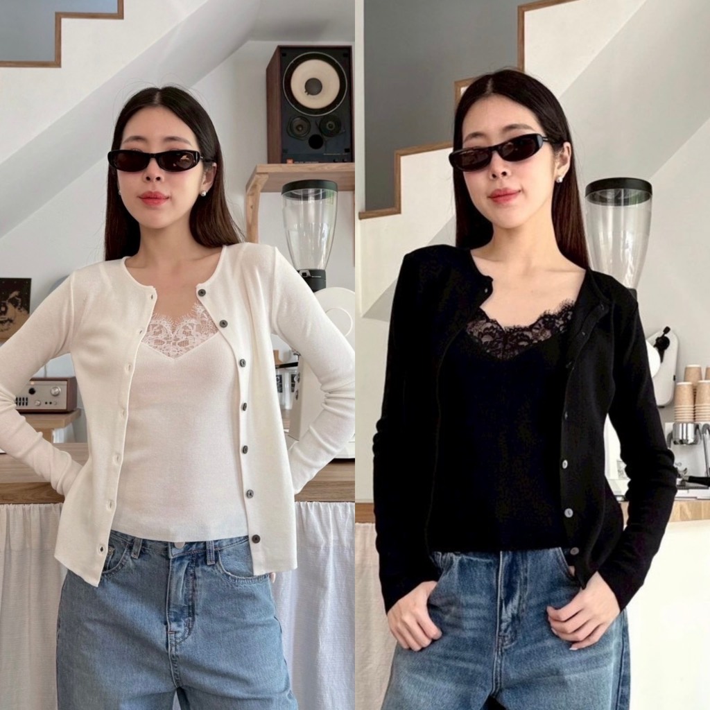 Top lace knit เซ็ต 2ชิ้นเสื้อกล้ามไหมพรมลูกไม้ + เสื้อคลุมแขนยาวผ้านิต