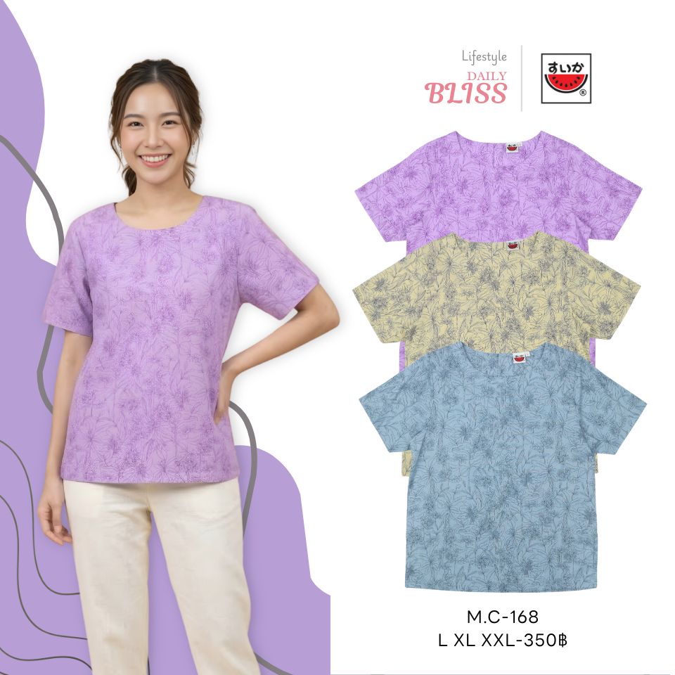 เสื้อแตงโม (SUIKA) - เสื้อผ้าป่านมัสลิน คอปาดกระดุมหลัง 3 เม็ด แขนสั้น ลายดอกไม้ (M.C-168 327 331 339)