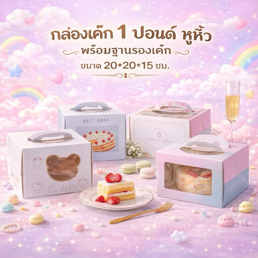 กล่องเค้ก 1 ปอนด์ มีหูหิ้ว หน้าต่างใส+พร้อมฐานรองเค้กหนา (1ชิ้น)