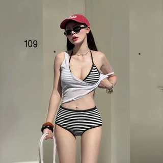 ☀️จัดส่งตอนนี้☀️ชุดว่ายน้ำ bikini sexy 3 ชิ้น บิกินี่+ผ้าคลุม ลายทาง มีฟองน้ำ#1123