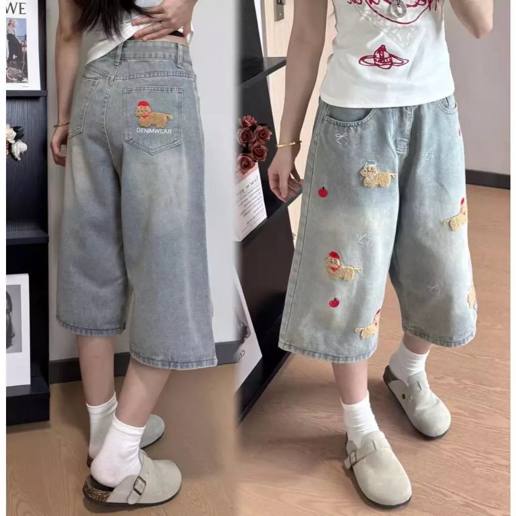 Swan shop (ไชด์S-4XL)กางเกงยีนส์ขากว้างผู้หญิง ลายปักน้องหมาน่ารัก เอวสูง ผ้าเดนิมแฟชั่น